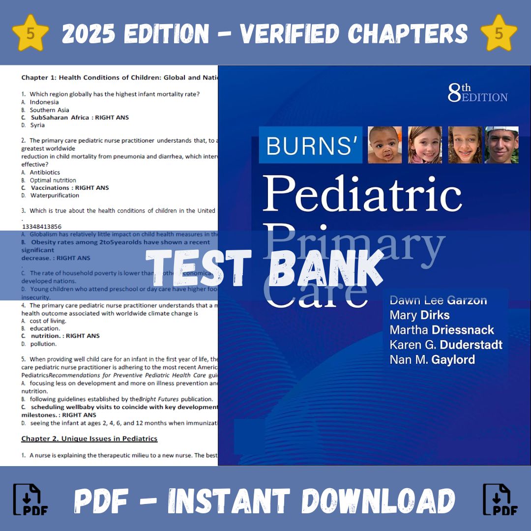 Test Bank - Burns’ Pediatric Primary Care, 8th Edition (Lee Garzon, 2024)