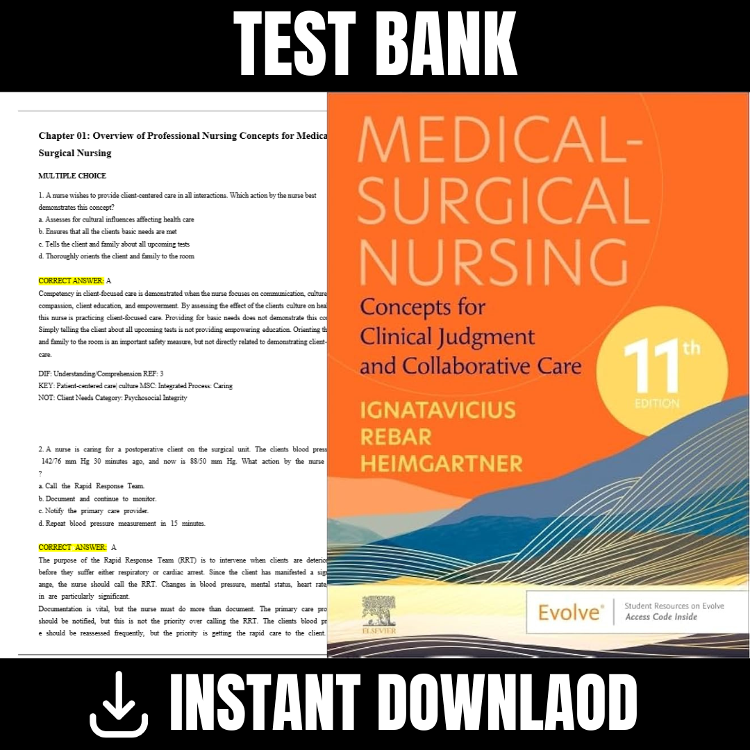 Test bank – Medical-Surgical Nursing: Concepts for Clinical Judgment and Collaborative Care, 11th Edition (D. Ignatavicius, 2024)