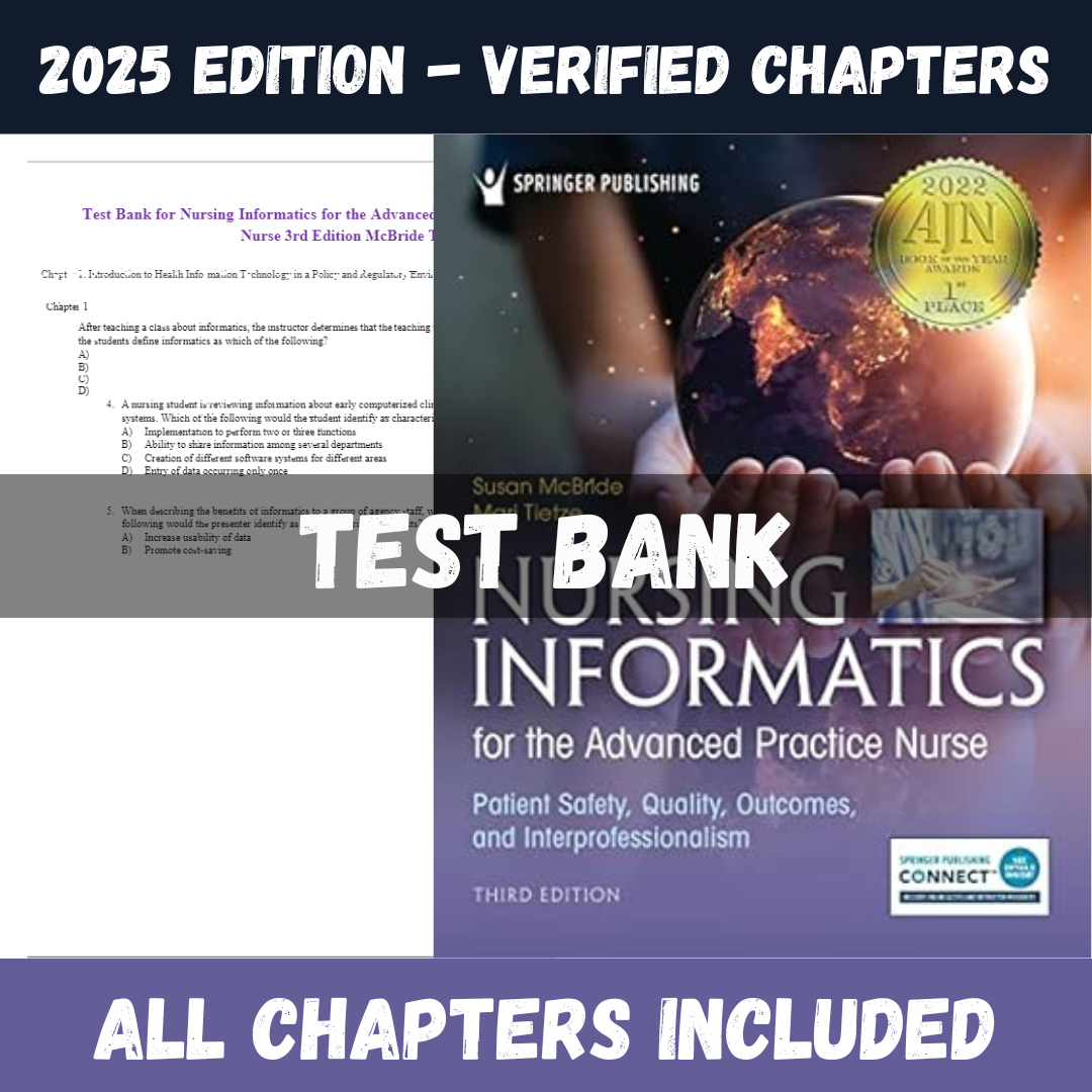 Test Bank - Nursing Informatics for the Advanced Practice Nurse Patient Safety, Quality, Outcomes, and Interprofessionalism, 3rd Edition (Susan McBride, 2024)